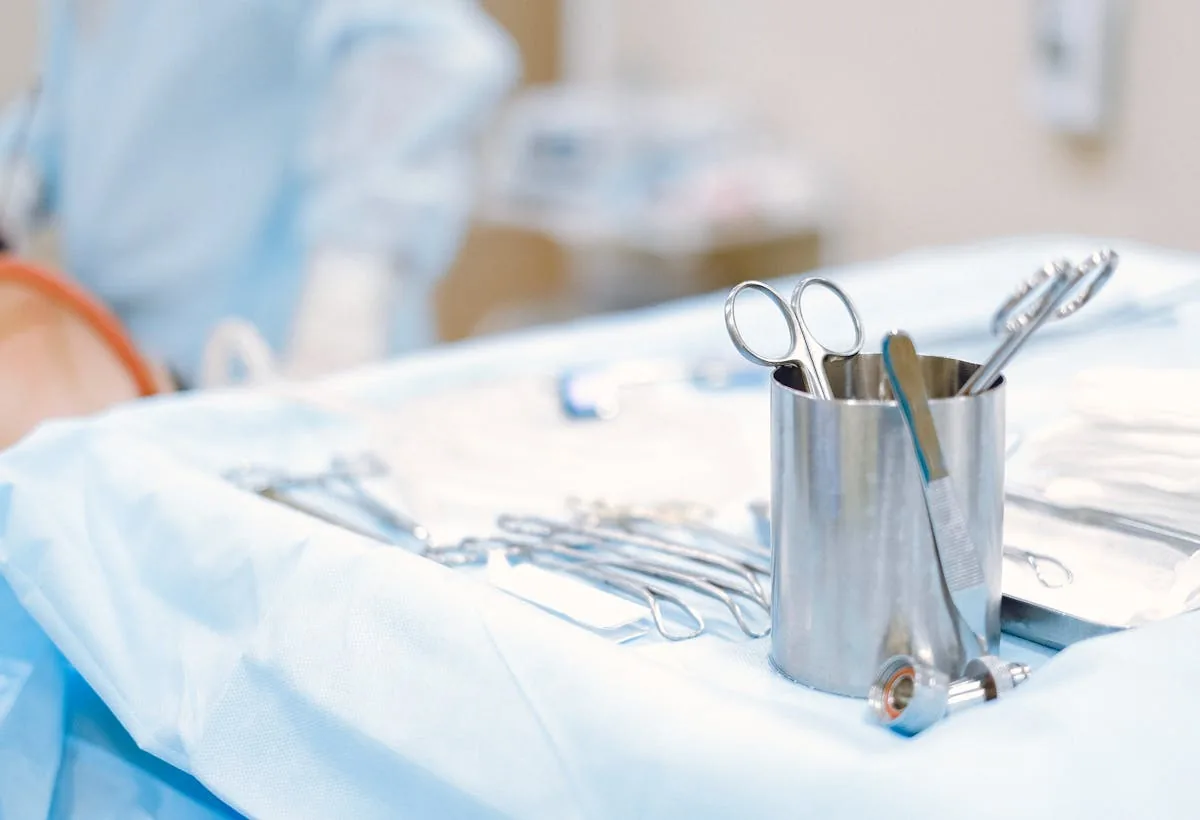 Sterile surgical instruments laid out and ready for a procedure